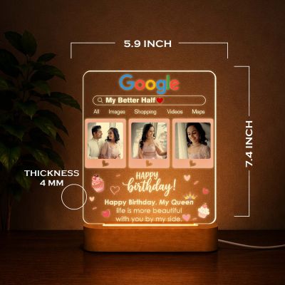 Personalized Google Page Theme Birthday Gift for Wife, Soulmate, Fiancée & Better Half – Warm Light Bedside Table Lamp with Wooden Stand Anniversary, Birthday & Valentine’s Day Gift